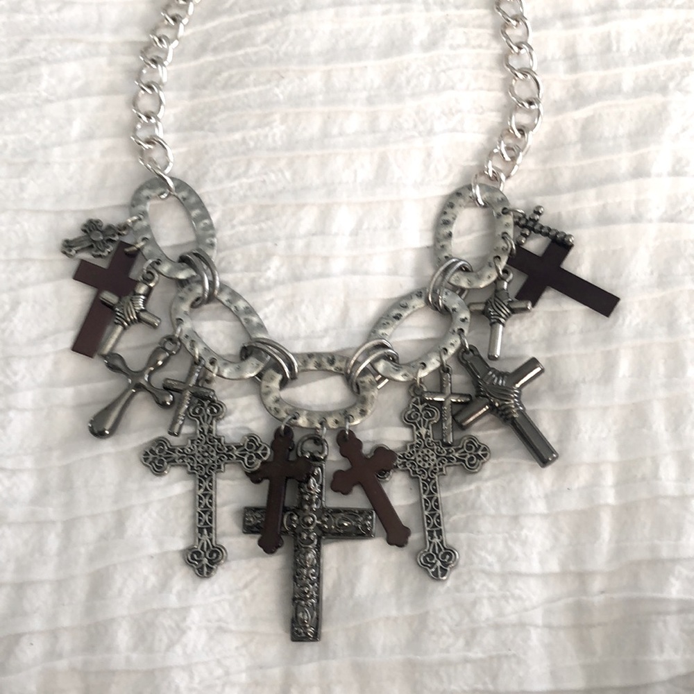 Silver & Bronze Crosses Statement Necklace
